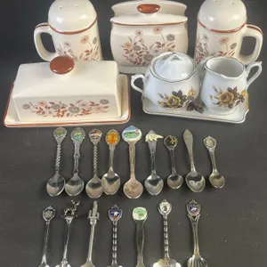 Floral Ceramic Kitchenware Set and Porcelain Creamer, Sugar with Collectible Spoons