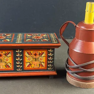 Vintage Hand-Painted Wooden Folk Art Trinket Box and Primitive Nightlight Lamp Pair