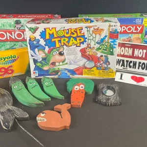 Board Games, Crayola Crayons, Hand-Painted Wooden Figures, Miniature Mirror, Signs Lot