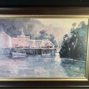 Framed Bowring Canvas Art, Riverside Buildings, Signed, Approx. 32 x 44 Inches, Made in Canada