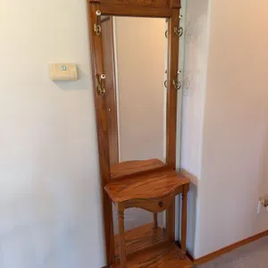 Oak Hall Tree With Mirror and Storage Drawer