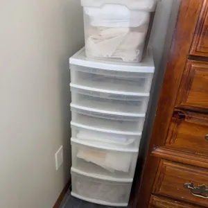 Stacked Plastic Storage Drawers and Bin