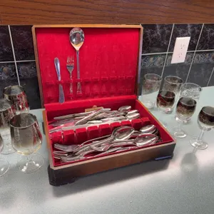 Stainless Rose Flatware Set and Silver Rim Glasses