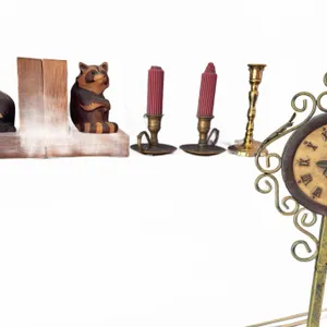 Wood Raccoon Bookends, Brass Candlesticks, Clock