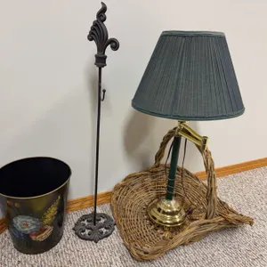 Decorative Bin, Iron Stand, Brass Lamp and Wicker Basket