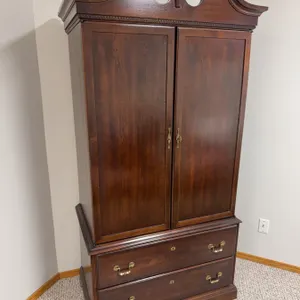 Mahogany Armoire with Drawers and Brass Pulls