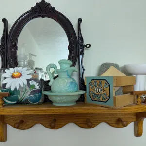 Wood Shelf With Mirror and Bath Accessories