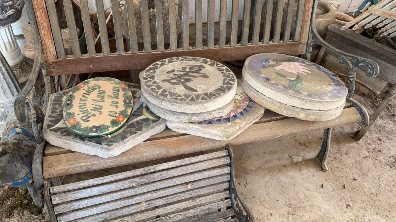 Garden Bench, Mosaic Stepping Stones, Donkey Statue