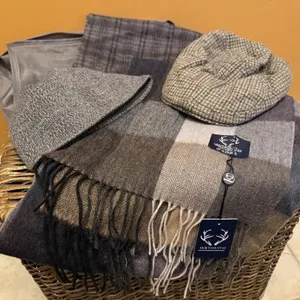 North Face beanie, newsboy cap, scarves