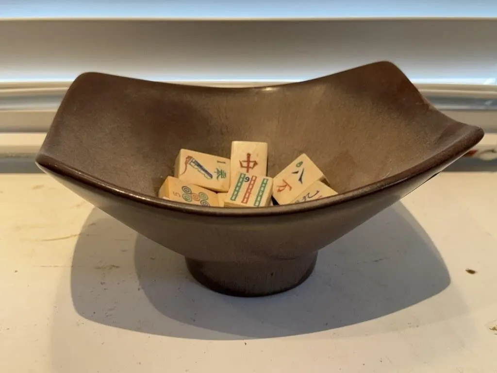 Frankoma pottery bowl, game tiles