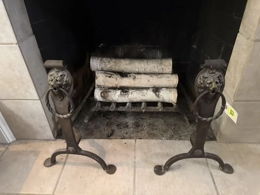 Cast iron fireplace andirons, log grate, logs
