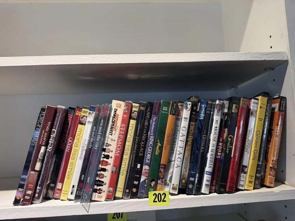 Shelf of DVD movies, television series, Golden