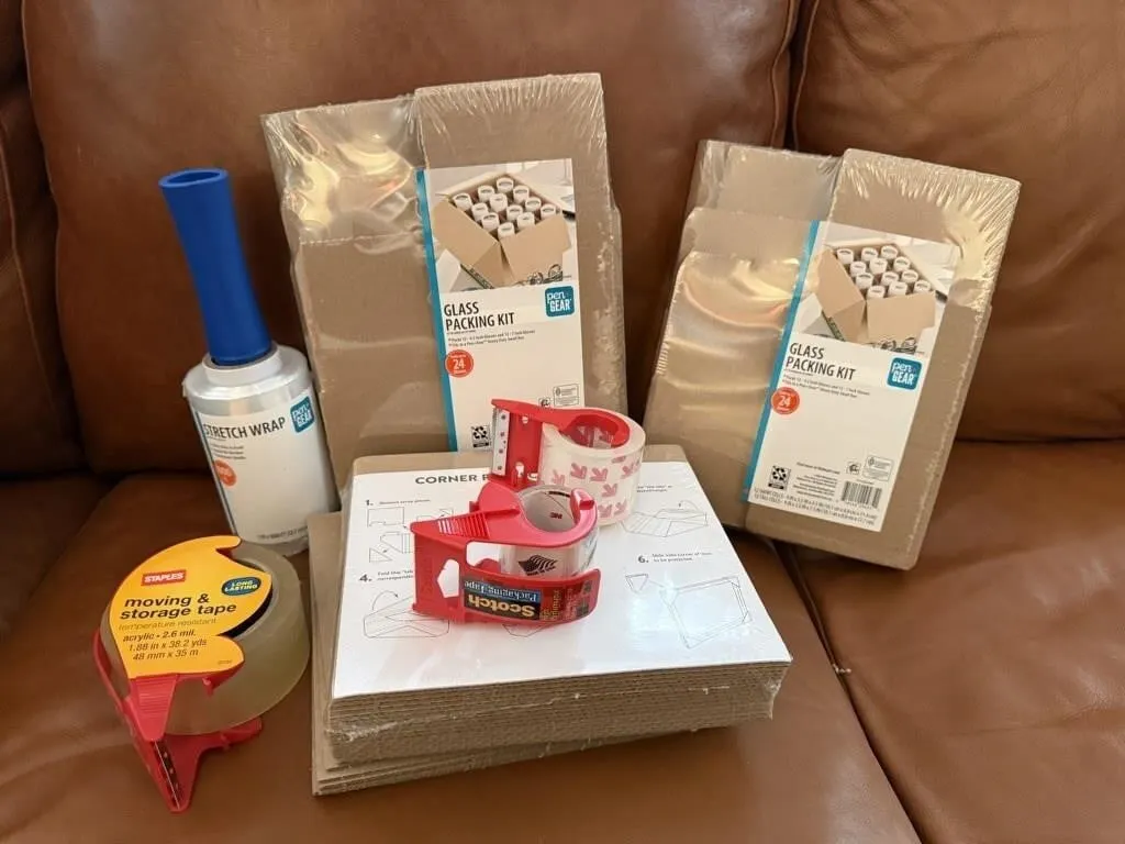 Glass packing kits, tape, plastic wrap