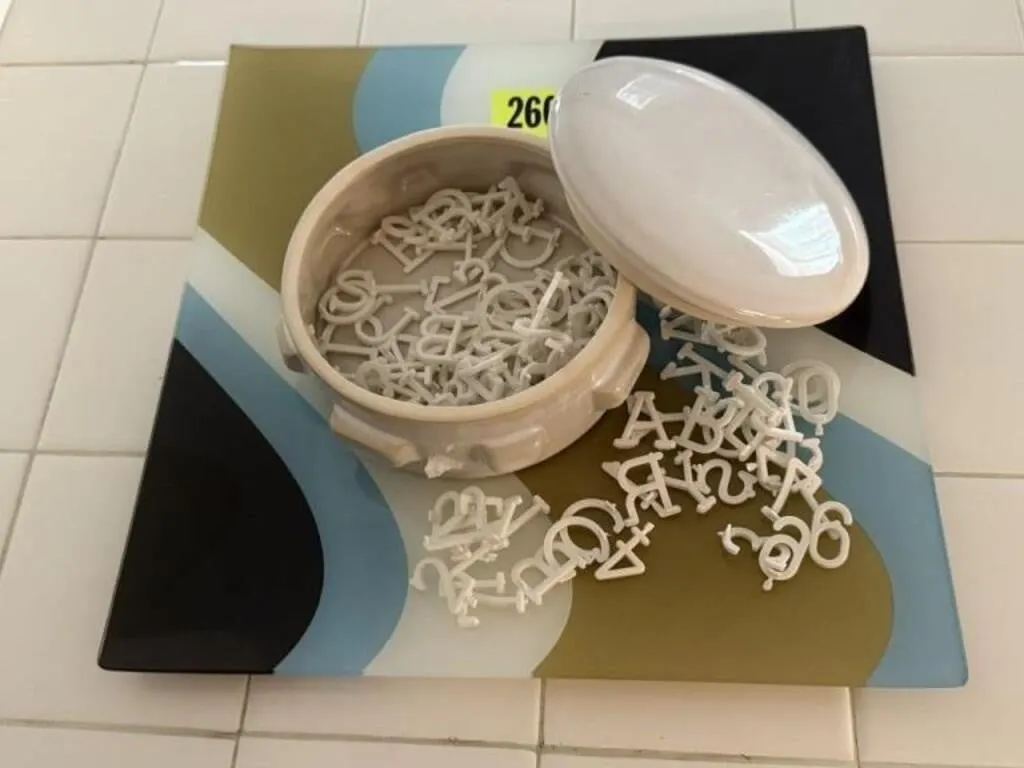 Glass square plate, covered dish, letters