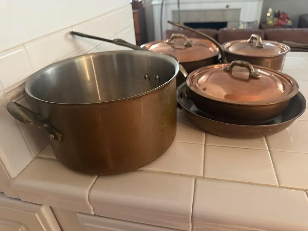 Copper cookware, stock pot, sauce pans, skillet