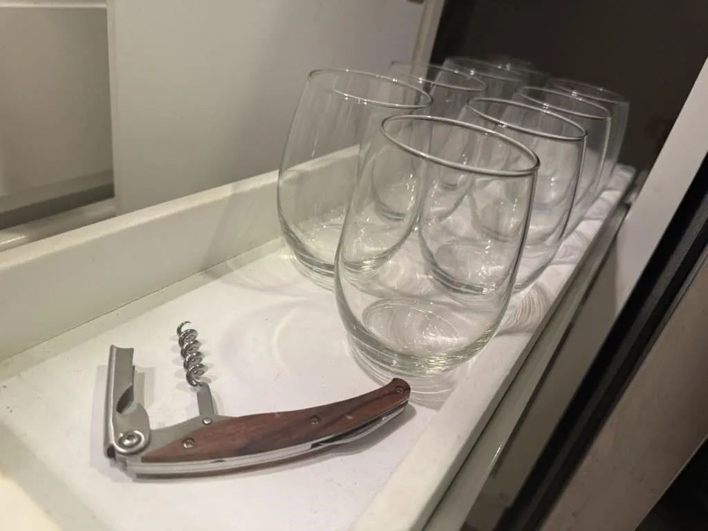 Stemless wine glasses (8), corkscrew