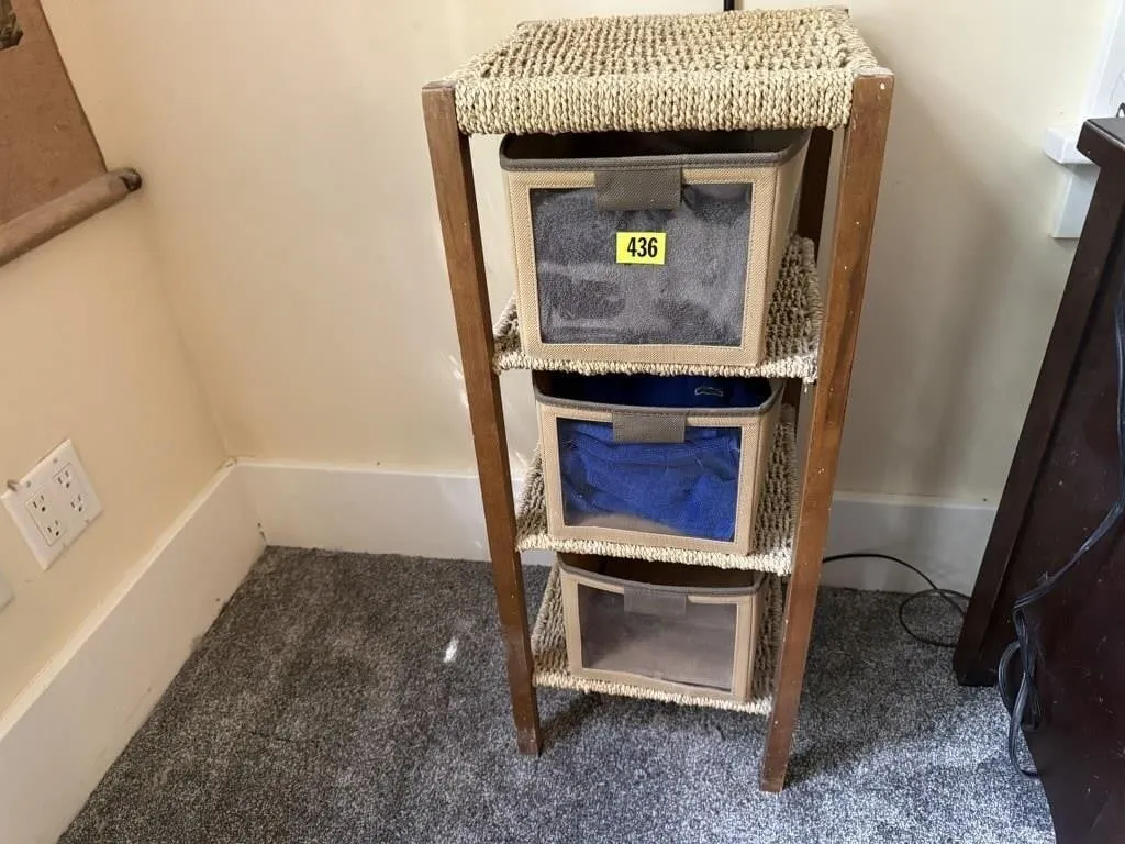 Wicker storage shelves, baskets, bath hand