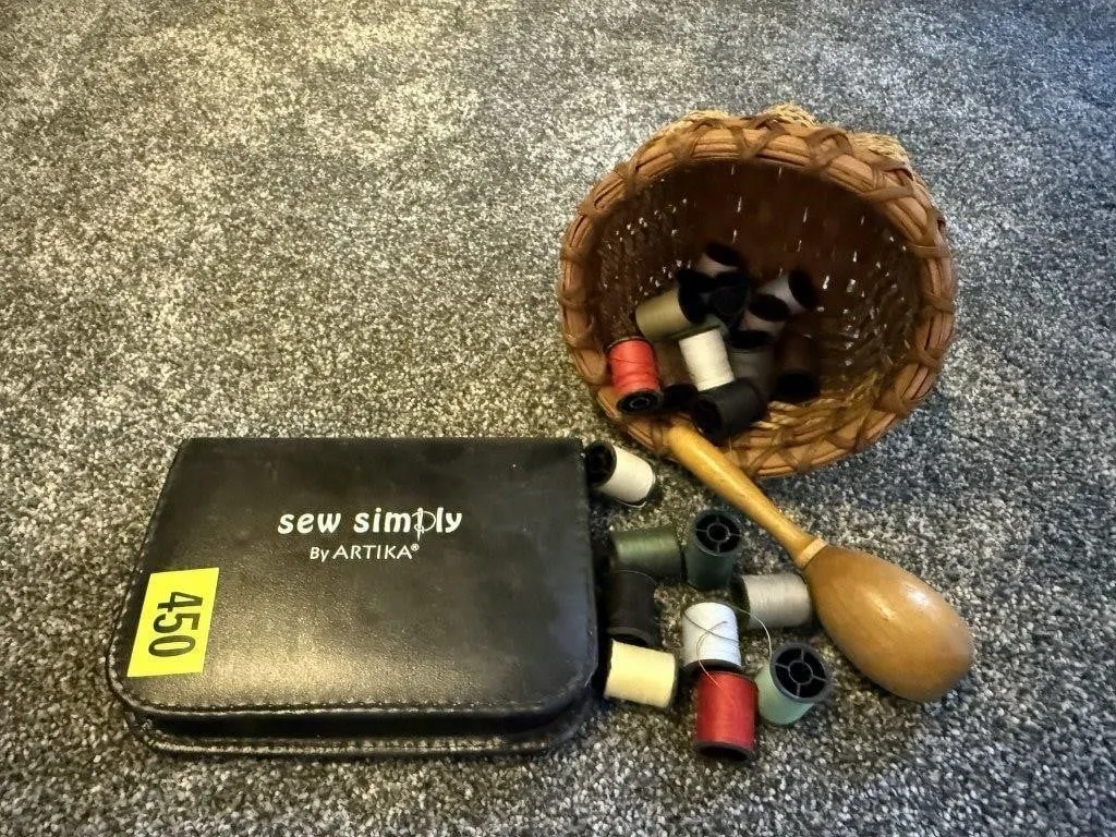Sewing kit, buttons, thread, sock darner egg,