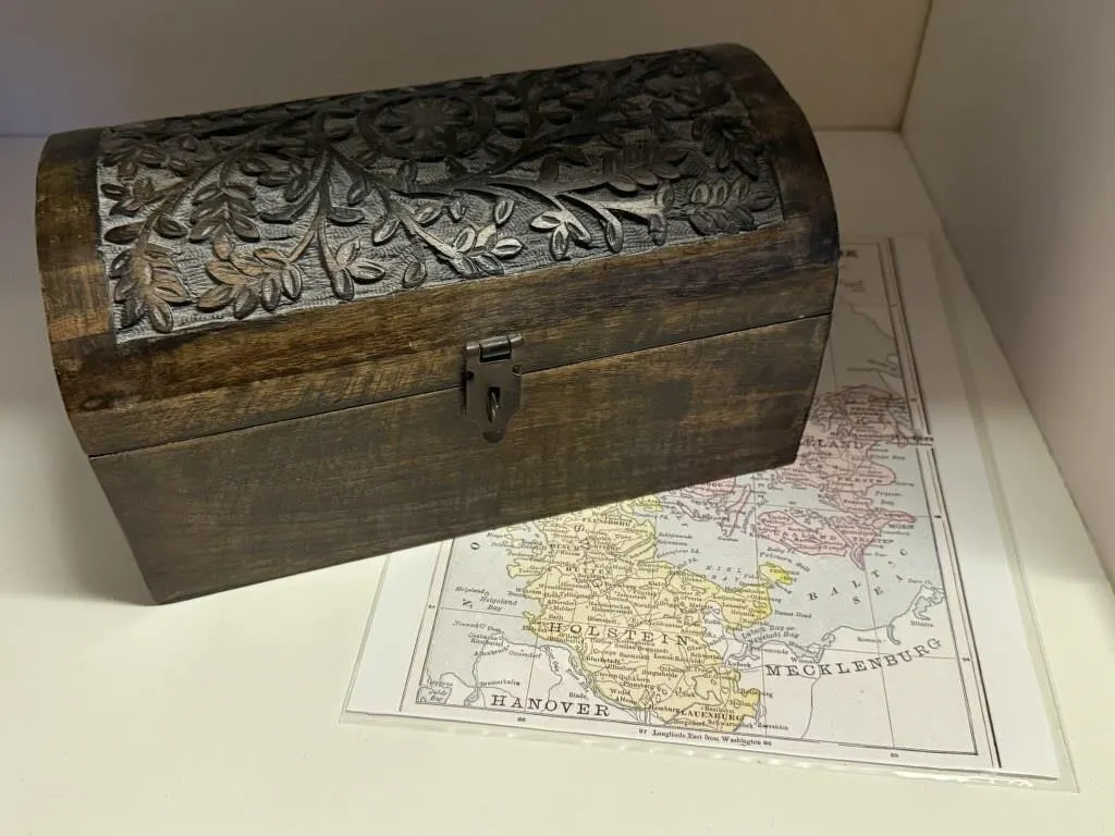 Wooden box, Denmark map, leather wallets,