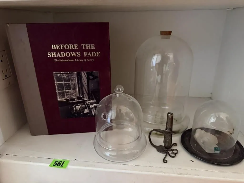 Glass cloches, crystals, silverware bud vase,