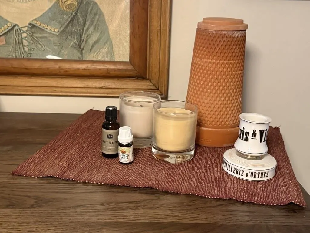 Planter, candles, essential oils, matches
