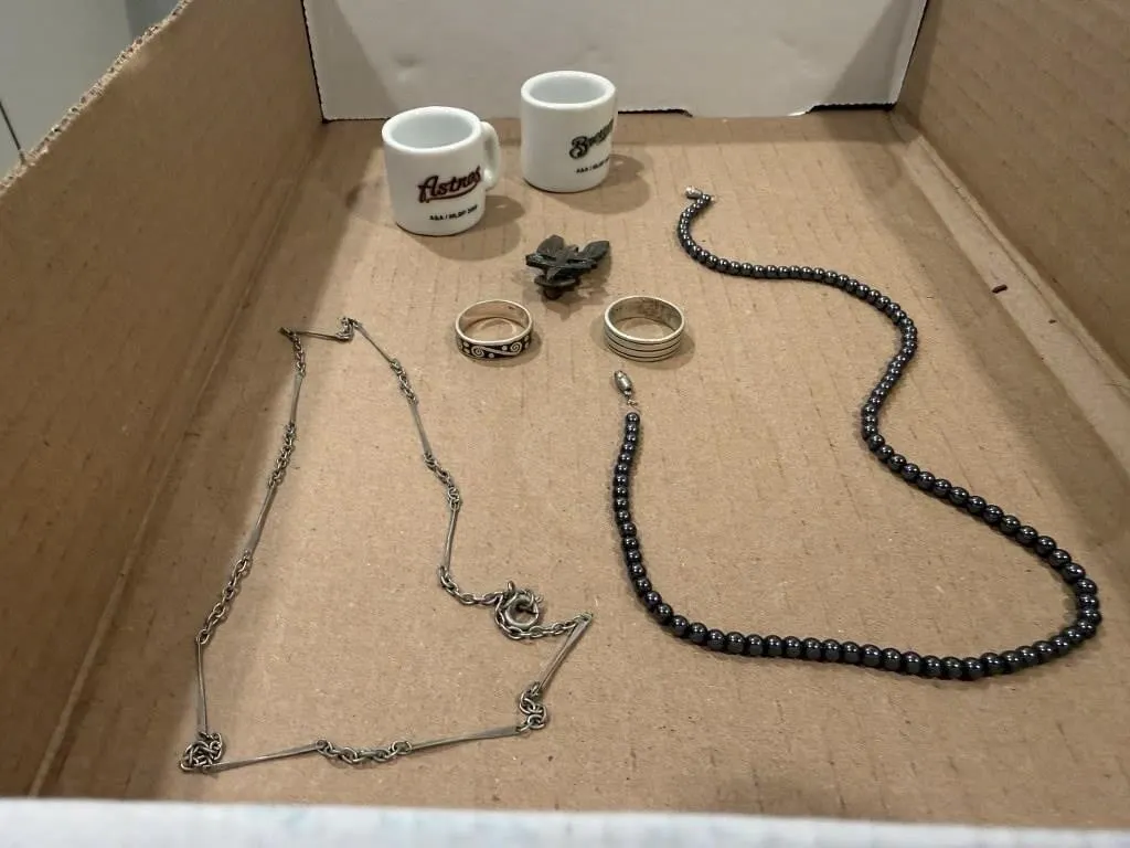 Rings, necklaces, miniature mugs, pin