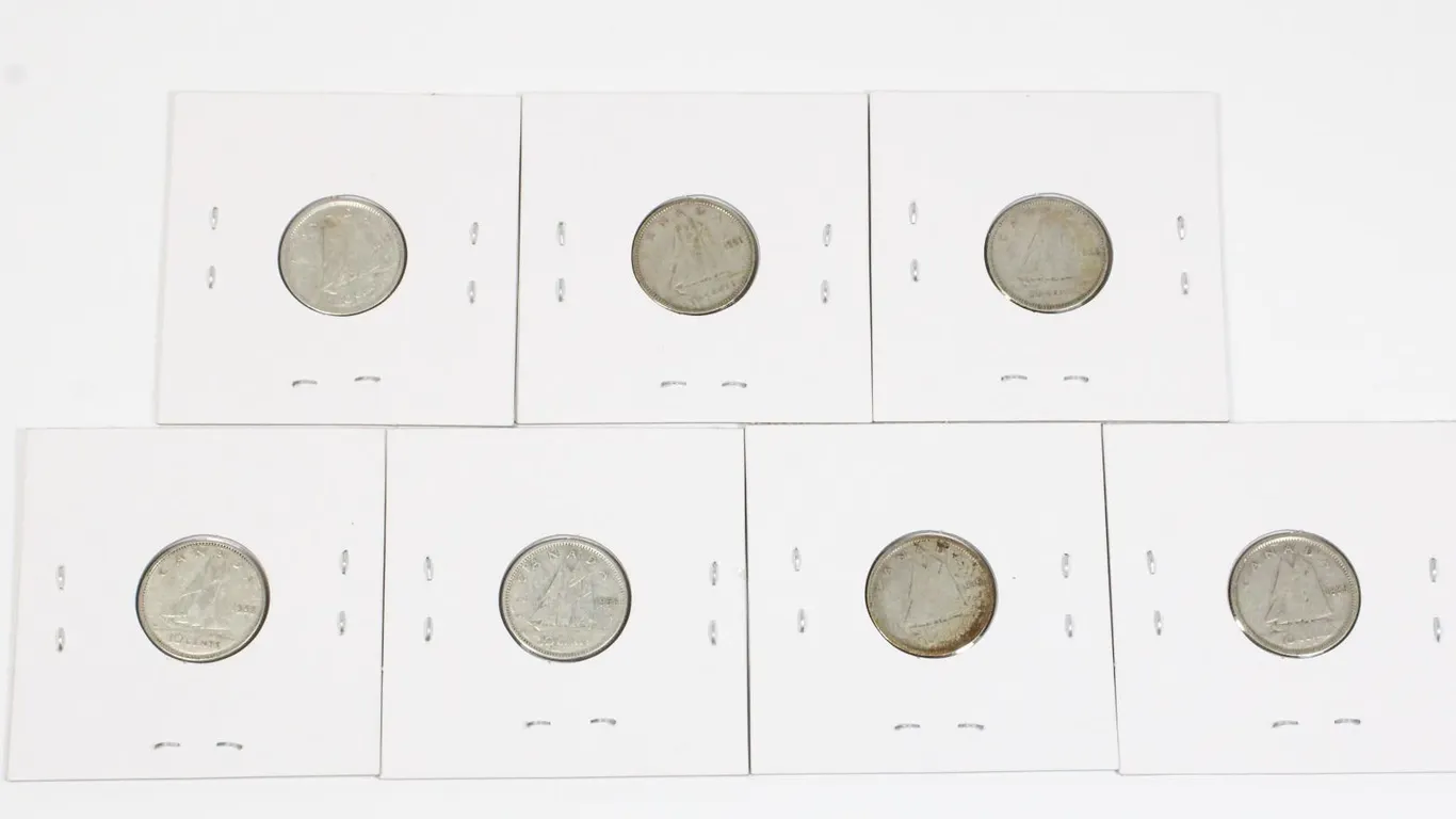 #42 7 Canadian Silver Dime Coins 1939 1951 1956