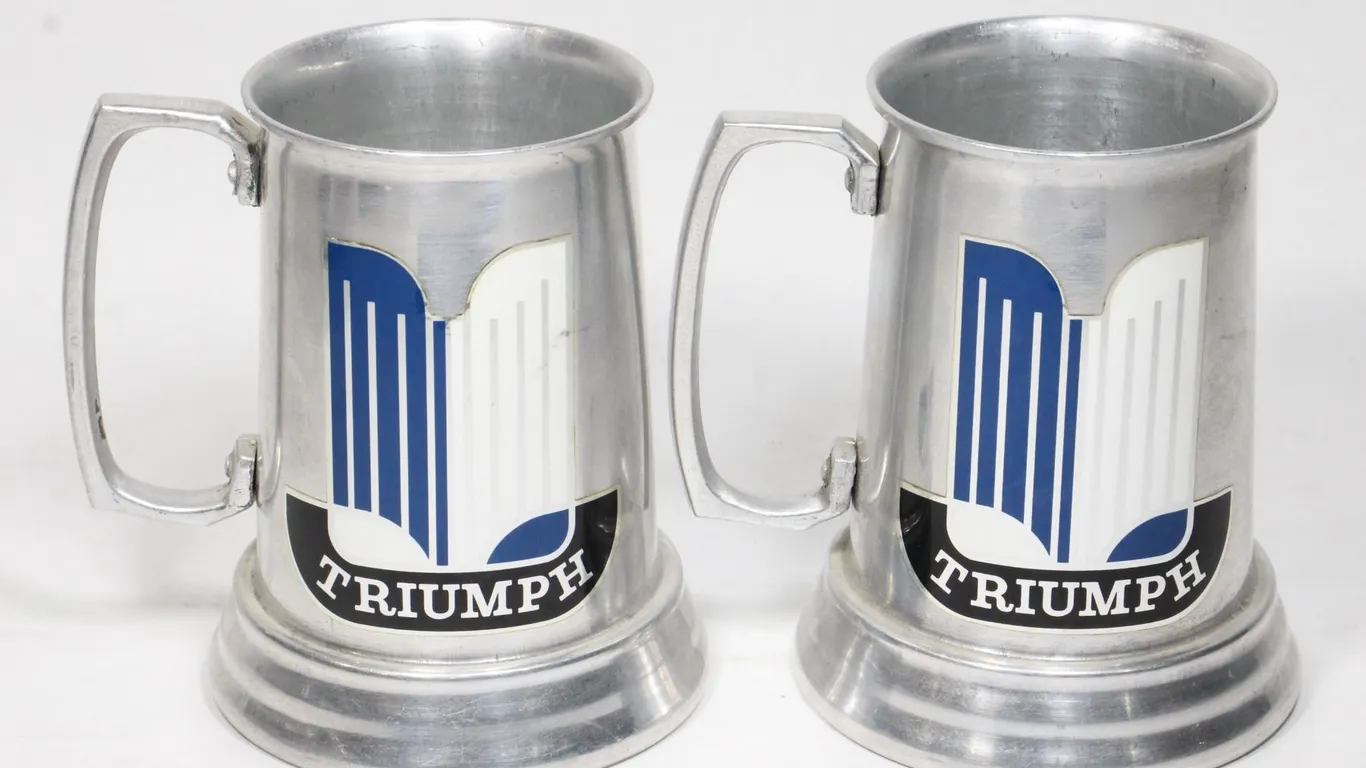 #289 Triumph Motorcycle Pair Metal Tankards