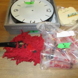 BAG C/W CLOCK FACES, SYRINGES, MASKS, ETC