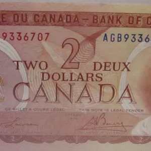 1974 CRISP UNCIRCULATED BANK OF CANADA MULTI COLORED $2 BILL
