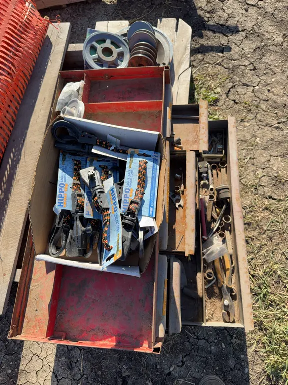 Tool box with some misc tools, pulleys