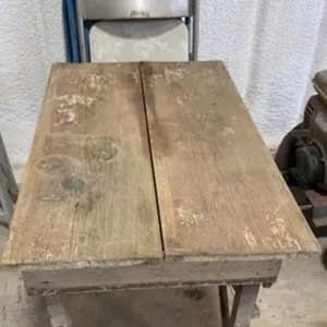Wood Table, 3 Metal Folding Chairs