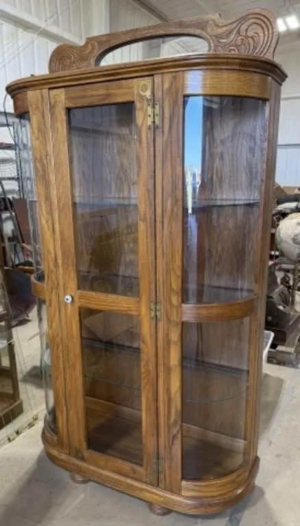 Vintage Oak Curio Cabinet Featuring Curved Glass