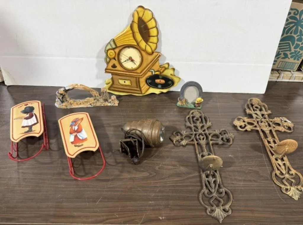 2 Wall Sconces, Wall Clock (Works), Vintage Bed