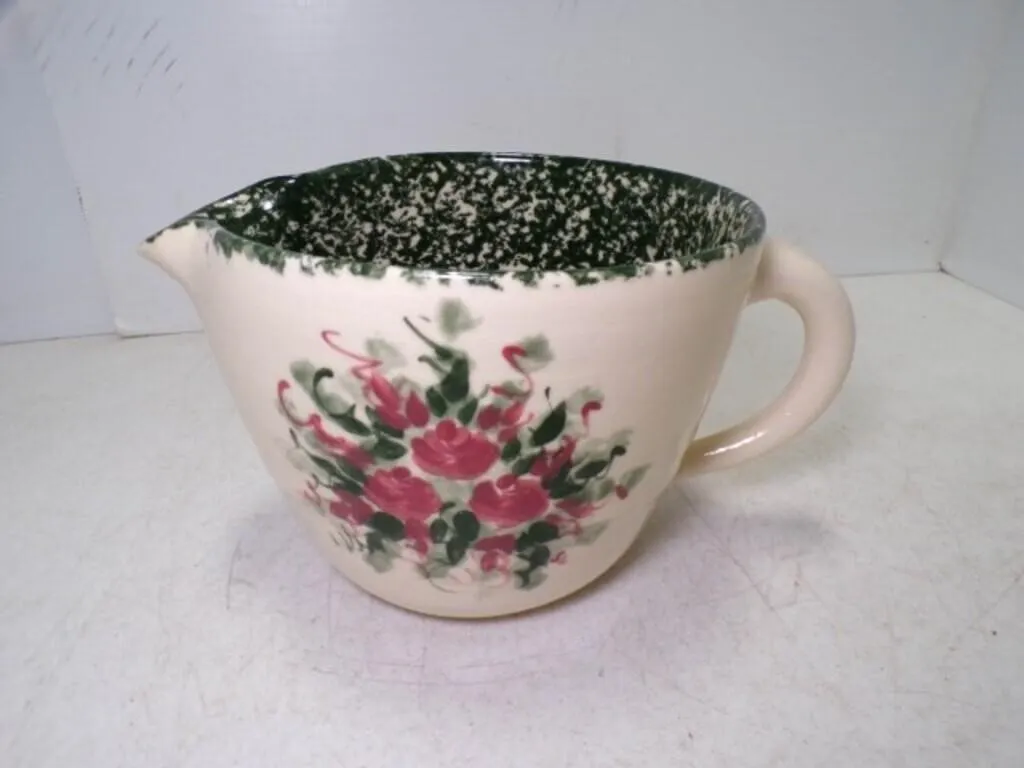 Pottery Spongeware Batter Bowl Hand Painted Flower