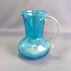 Vintage Mini Teal Crackle Hand-Blown Glass Pitcher