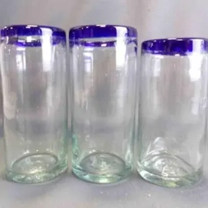 3 Mexican Blue-Rim Hand-Blown Highball Glasses