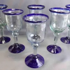 6 Mexican Blue-Rim Hand-Blown Wine Glass Goblets
