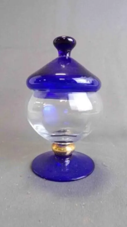 Vintage Optical Blue/Clear Glass Footed Jar w/Lid