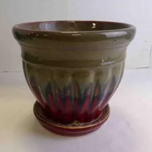 Fluted Ceramic Flower Pot w/Green & Brown Glaze