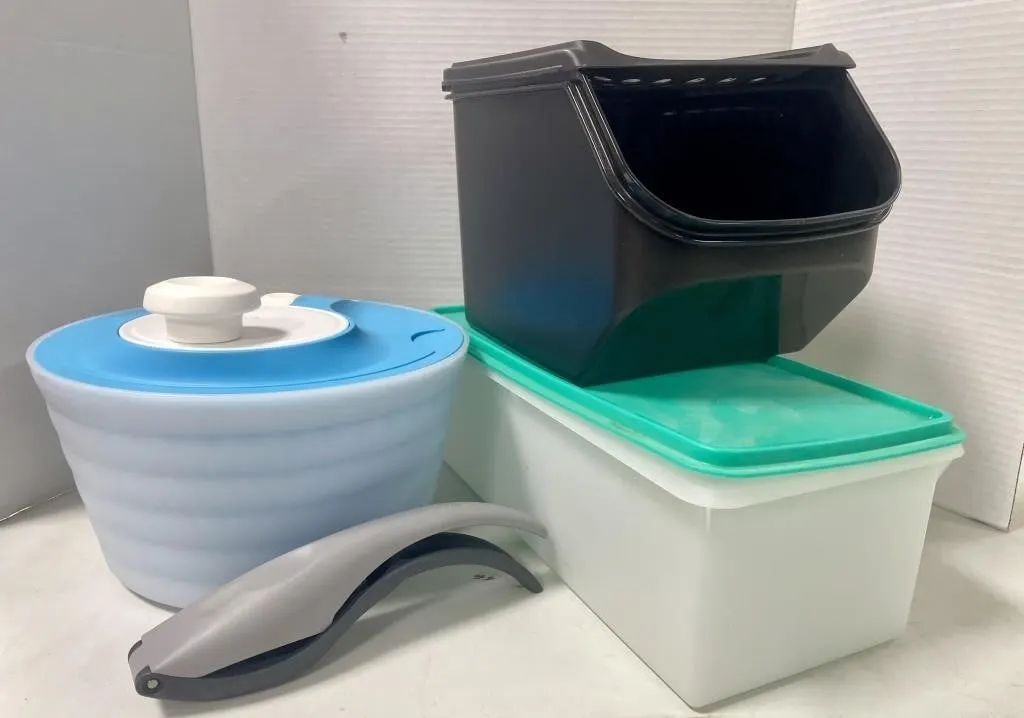 Tupperware salad spinner, potato keeper, bread