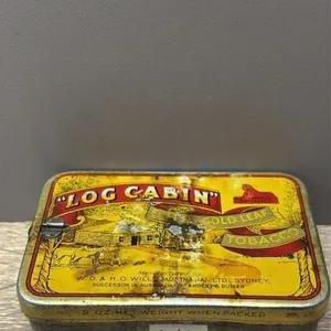 Log Cabin Flaked Gold Leaf Tabacco Tin.