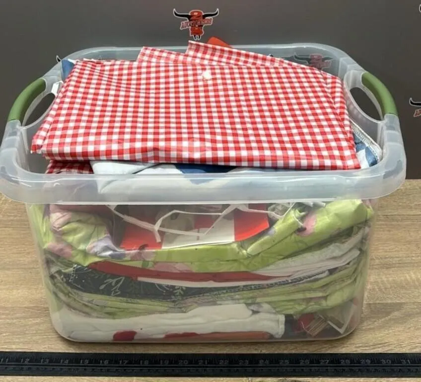 Tote Of Plastic Table Cloths & Asst. Decorations.