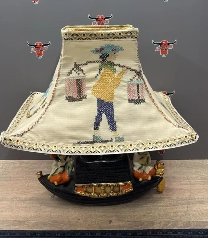 Ceramic Asian Table Lamp w/Hand Stitched Shade.
