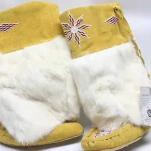 Beaded Suede Mukluks with Rabbit Fur Trim
