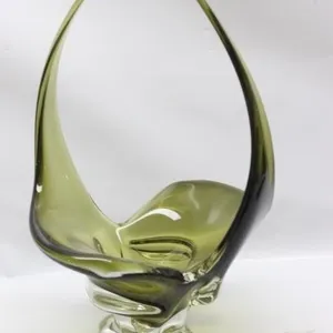 Mid-Century Olive Glass Basket with Crossed arms
