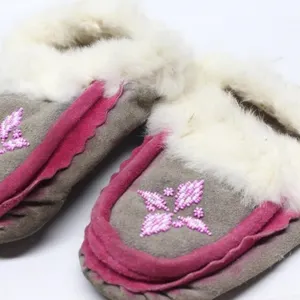 Moosehide Beaded Moccasin Slippers with Fur Trim