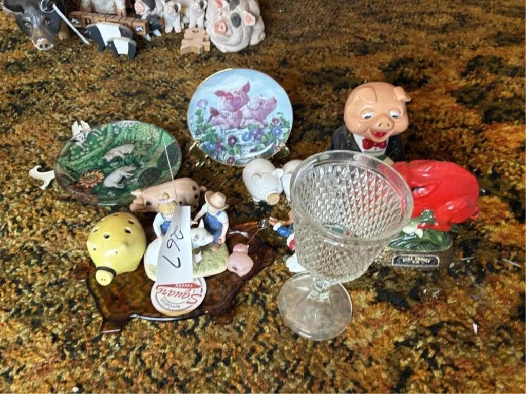 Decanter, Vase, Plates, Pigs