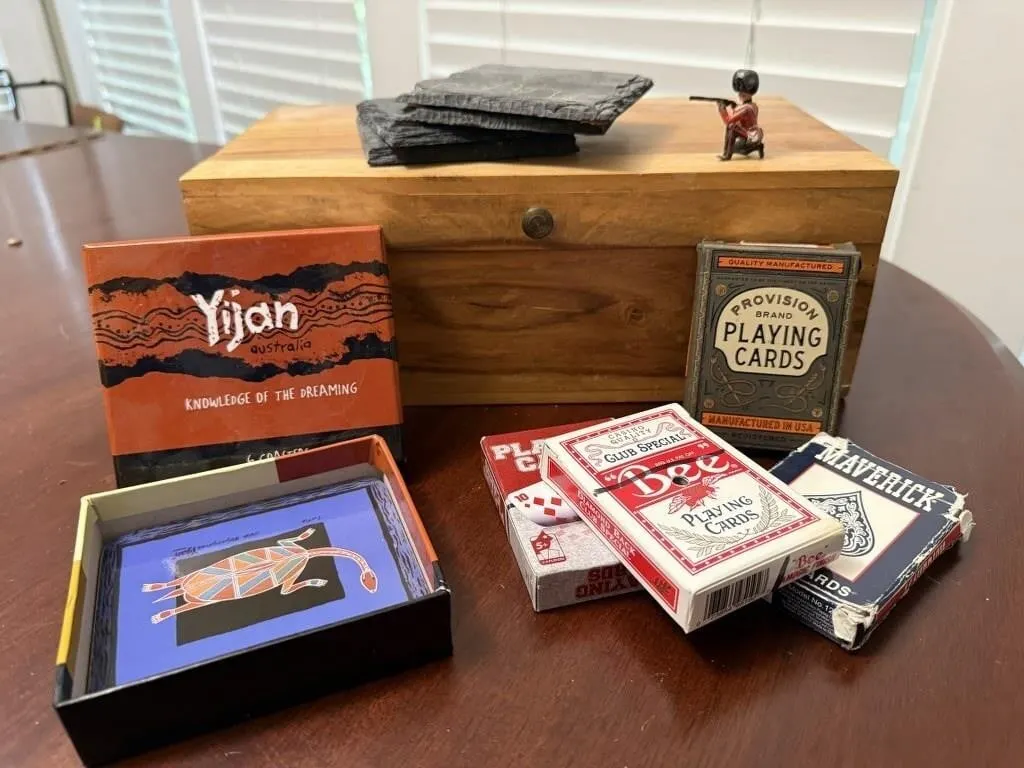 Wooden box, playing cards, stone coaster set,