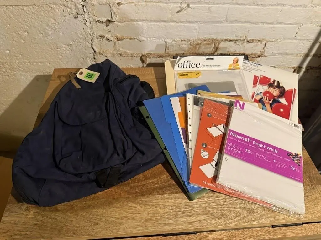 Backpack, file folders, paper, office supplies